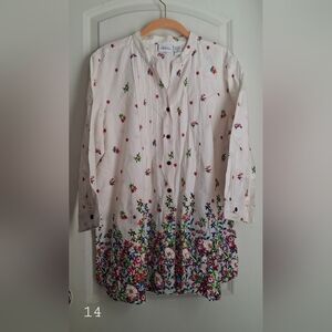 The Vermont Country L Store Womens Floral Button Down Shirt Tunic Medium Ivory